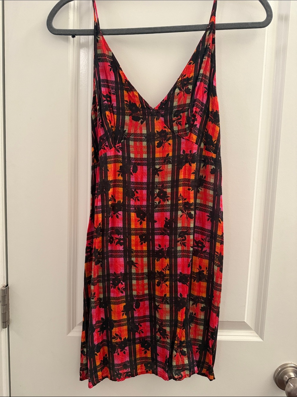 Free People Red & Pink Plaid Floral Slip Dress